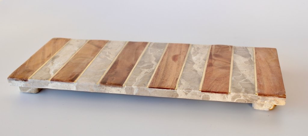 Wood, Brass And Beige Marble Striped Board On Feet